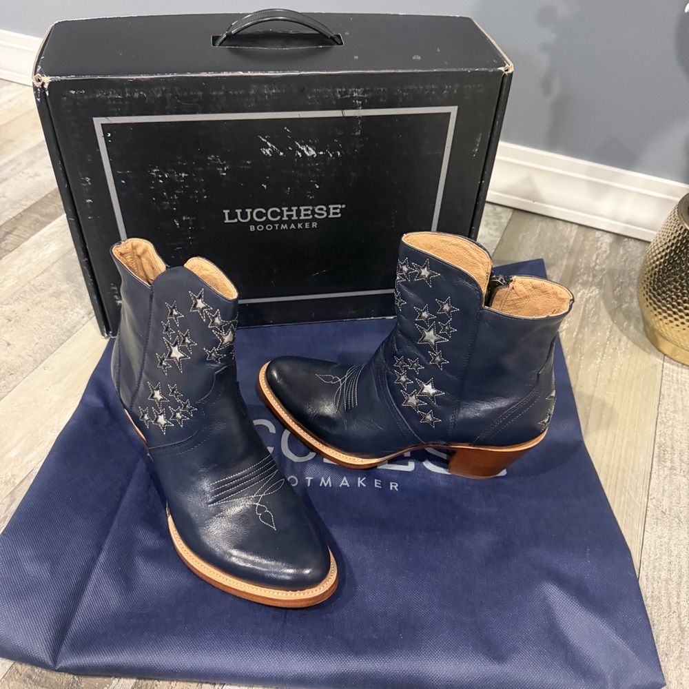 Lucchese Women's Blue Star Ankle Boots - NY Cow Zip Booties Lil Stars - Stardust - Picture 2 of 13